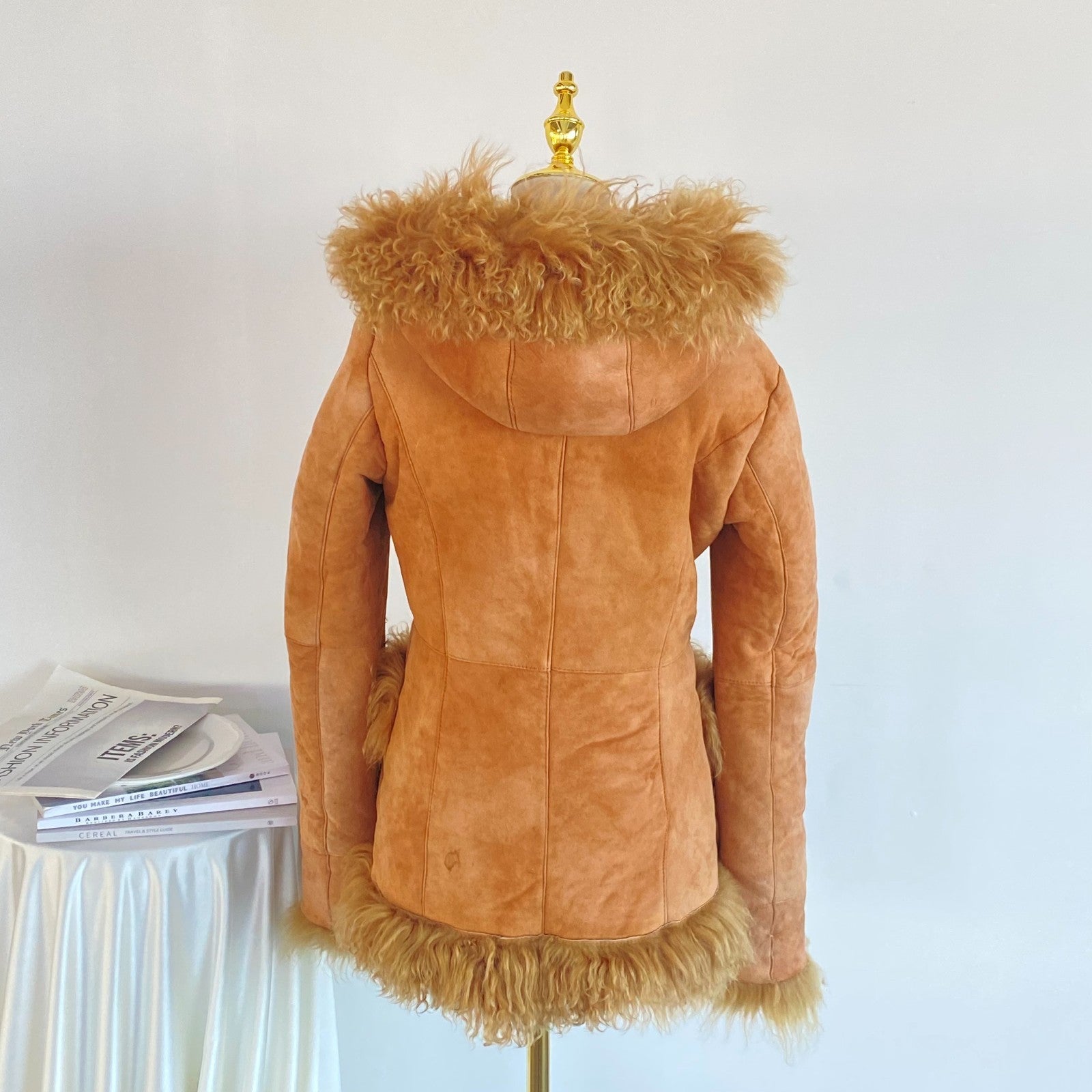 Retro Camel Suede Hooded Coat Faux Fur Lined US M Stained