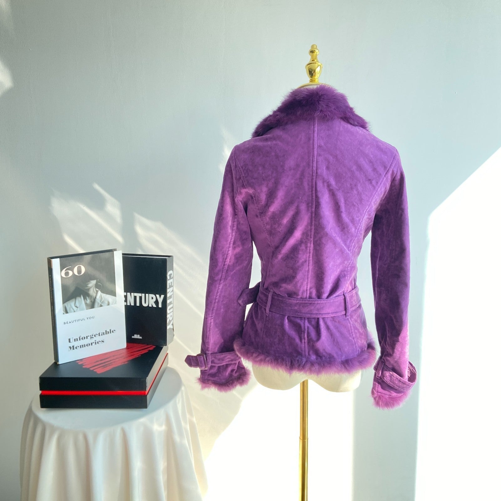 Vintage Purple Suede Jacket with Faux Fur Trim | Embellished Belted (Women’s M)
