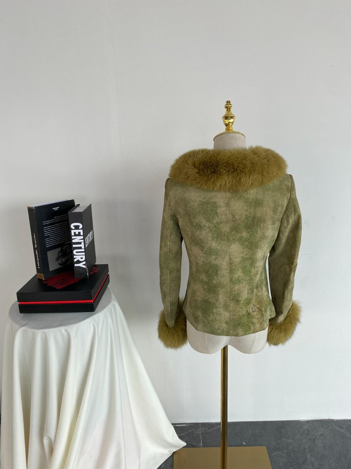 Vintage Y2K Green Distressed Suede Faux Fur Jacket Boho Penny Lane Coat S