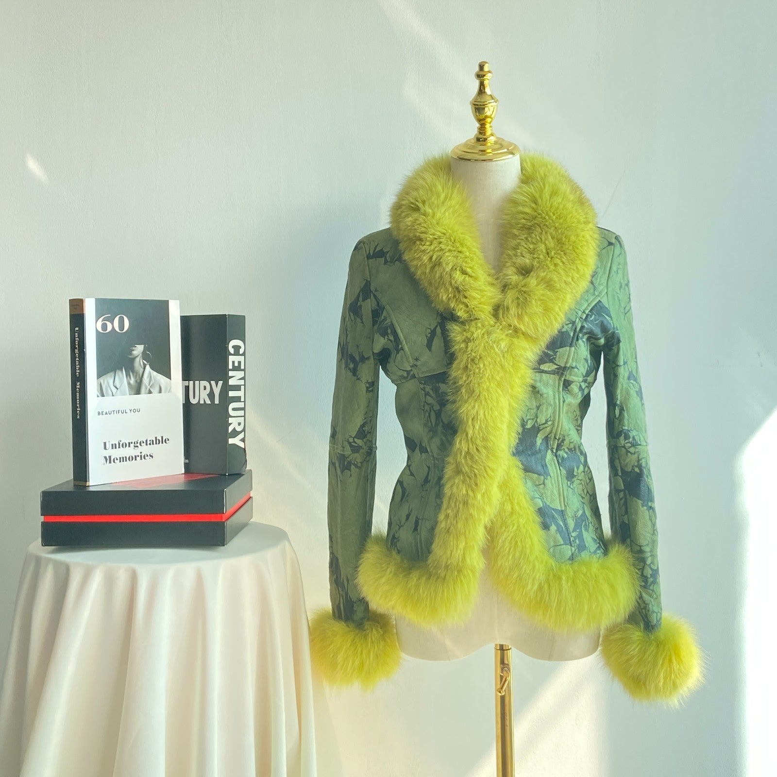 Y2K Green Tie-Dye Jacket with Chartreuse Faux Fur Trim (Women’s M)