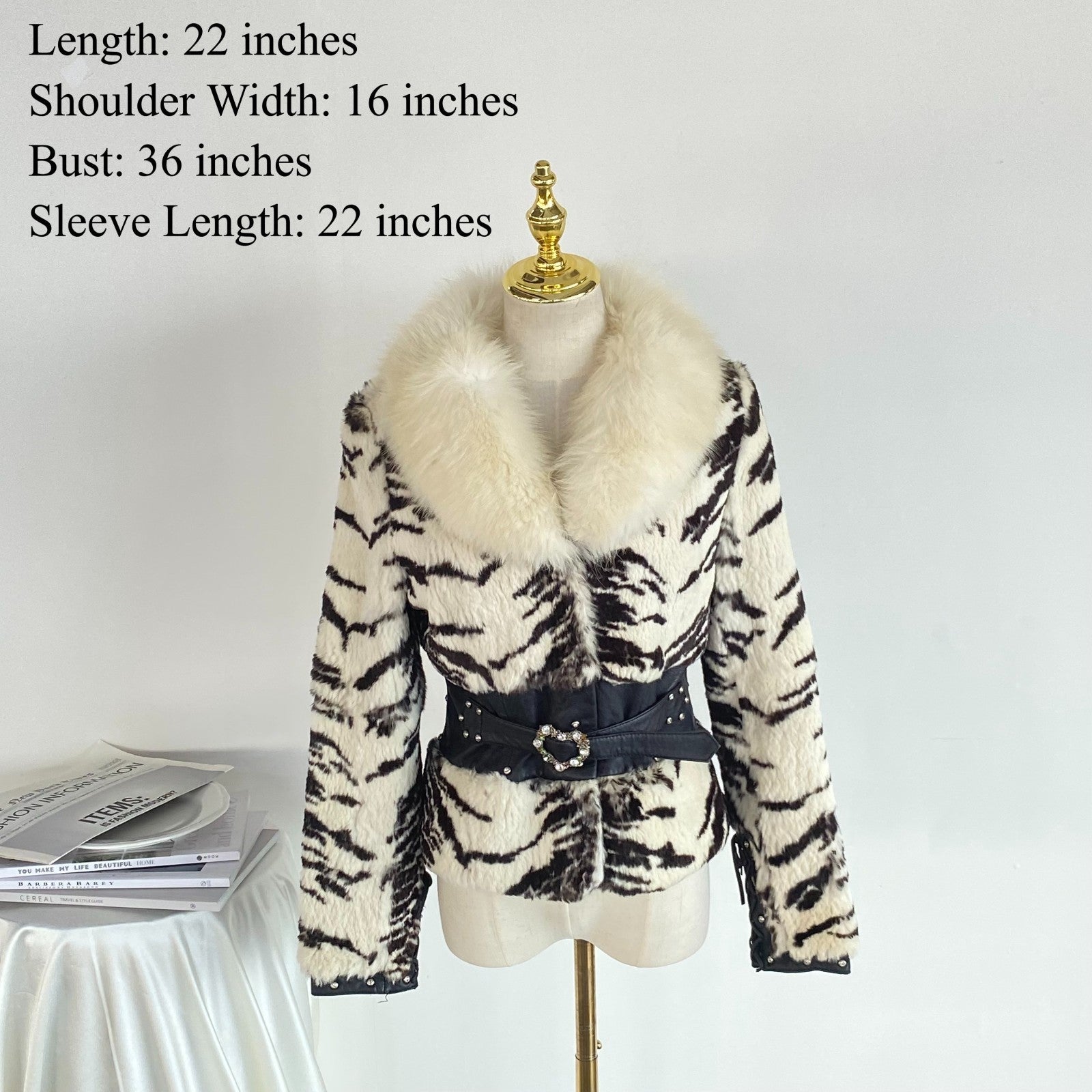 Retro Zebra Print Faux Fur Jacket Faux Fox Fur Collar Belt US S