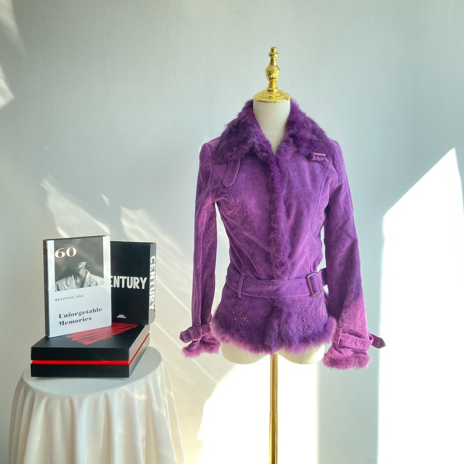 Vintage Purple Suede Jacket with Faux Fur Trim | Embellished Belted (Women’s M)