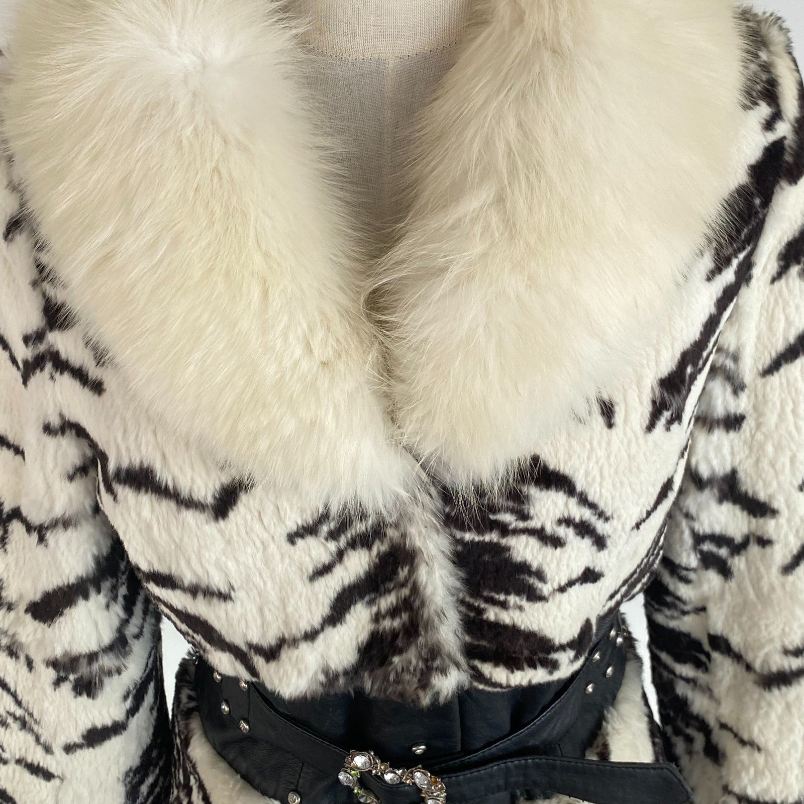 Retro Zebra Print Faux Fur Jacket Faux Fox Fur Collar Belt US S