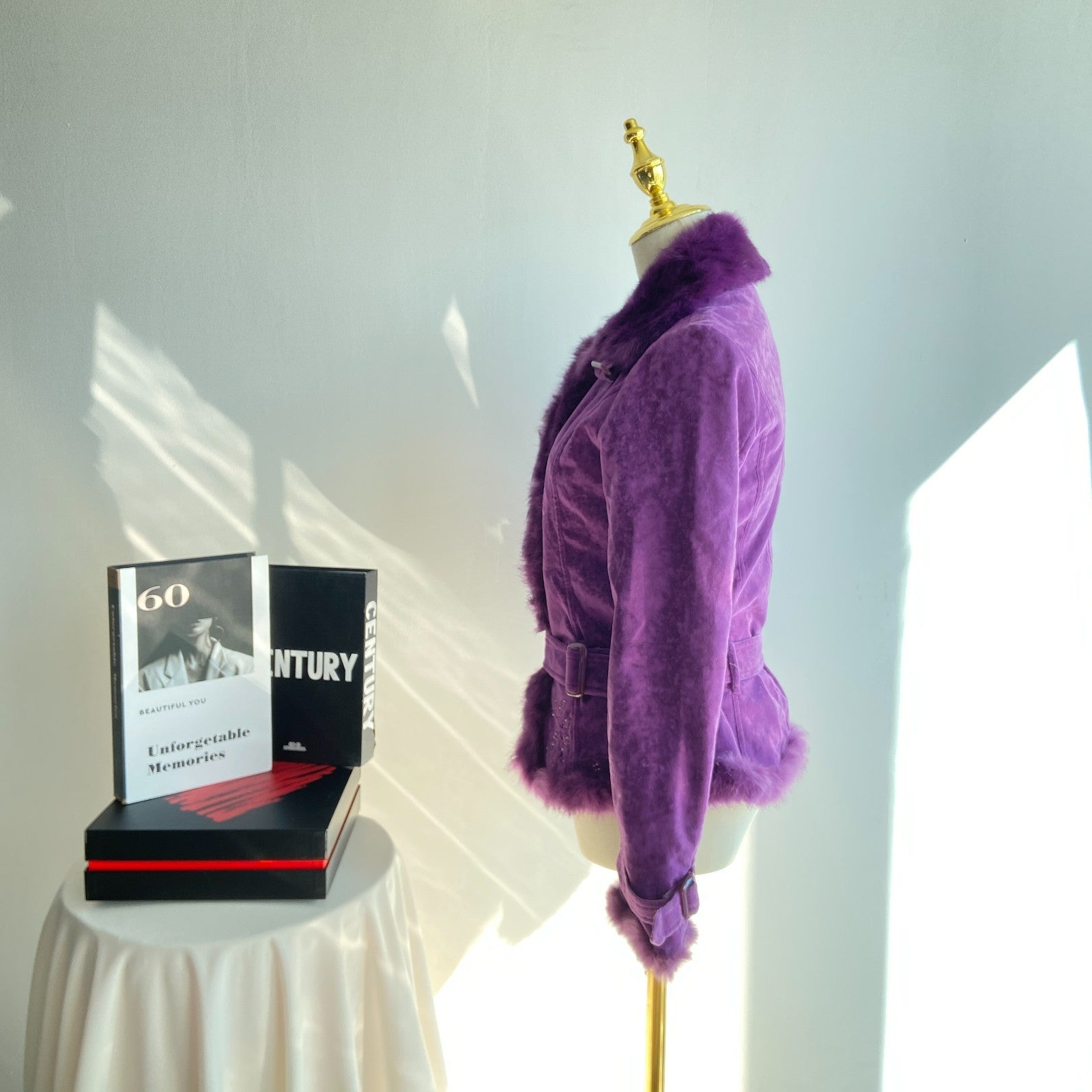 Vintage Purple Suede Jacket with Faux Fur Trim | Embellished Belted (Women’s M)